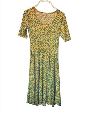 LUC LuLaRoe sz S women Nicole dress fit & flare 3/4 length sleeve Yellow floral